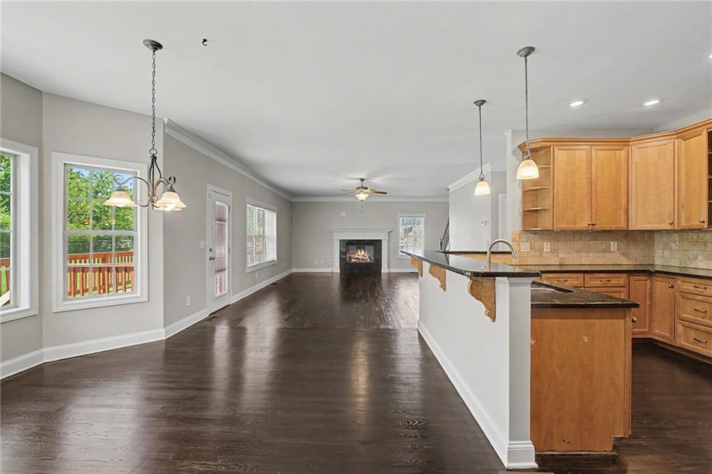 Open-concept kitchen and fireside living area